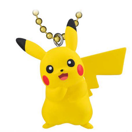 Yellow Pikachu mascot keychain with ball chain, open mouth, standing pose