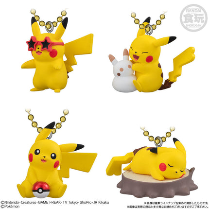 Assorted Pikachu mascot keychains with ball chain and different accessories, set view