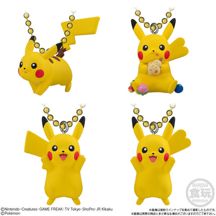 Pikachu mascot keychains collection with gold ball chain, various poses and accessories