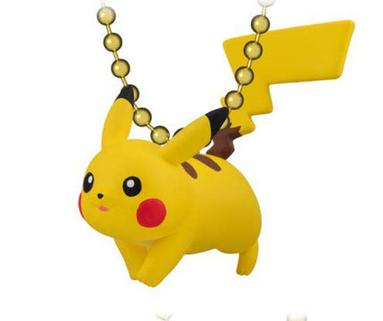 Pikachu mascot keychain with gold ball chain, curled yellow figure charm