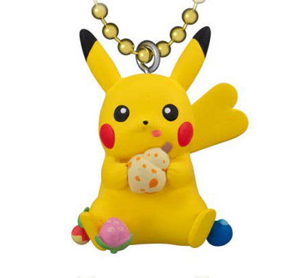Pikachu mascot keychain with gold ball chain, sitting yellow figure holding biscuit