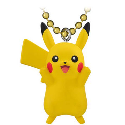 Pikachu mascot keychain with gold ball chain, standing yellow figure with pink cheek marks