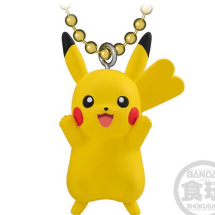 Pikachu mascot keychain with gold ball chain, front-facing yellow figure with open arms