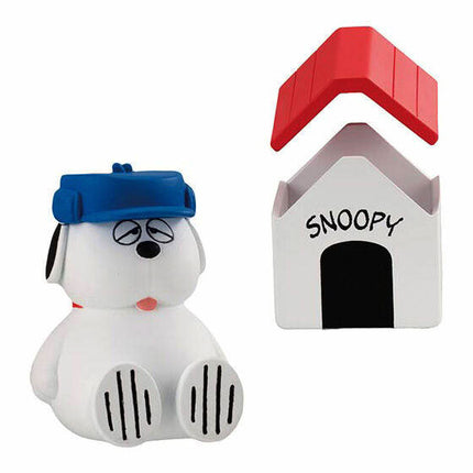 Snoopy figurine wearing blue hood and white house accessory labeled “SNOOPY”