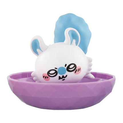 Purple animal face jewelry stand with clear tray and blue bow-like ear accents