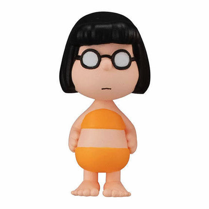 Peanuts-style boy figure with black hair, round glasses, and orange striped shirt