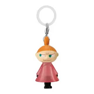 Moomin keychain charm of an orange-capped character in a red dress, on a metal key ring