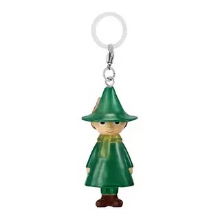 Moomin keychain charm of a green-hatted character in a green dress, on a metal key ring