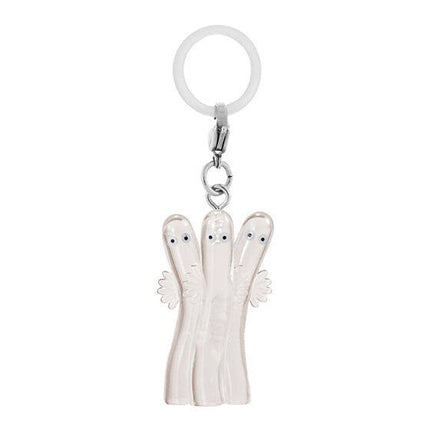 Moomin keychain charm of a white angel-like figure with small wings, on a metal key ring