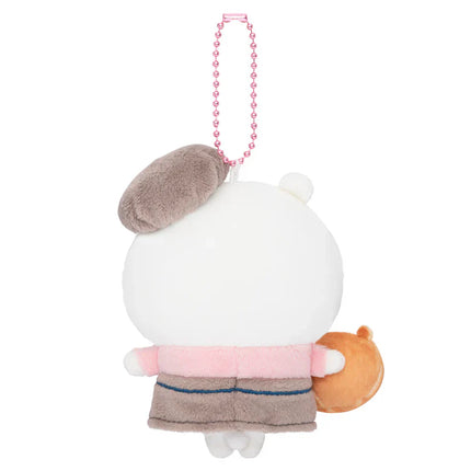 White bakery staff mascot plush from back with pink beaded necklace and side pouch
