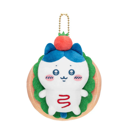 Plush bakery sandwich mascot keychain with white face, blue bow, red pom-pom nose and gold chain