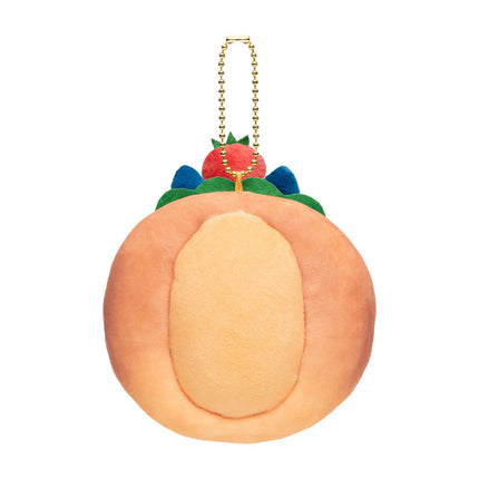 Plush bakery sandwich mascot keychain with orange bread slice and blue bow, gold chain