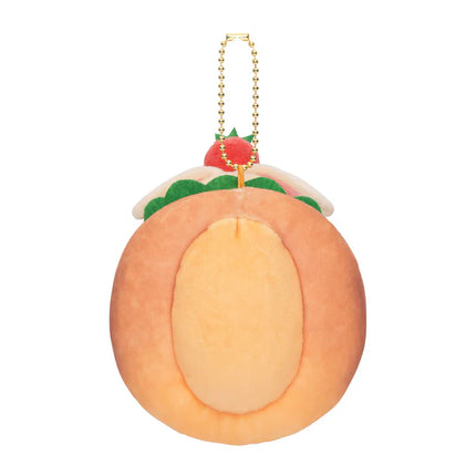 Plush bakery sandwich mascot keychain with orange bread slice underside and green top, gold chain
