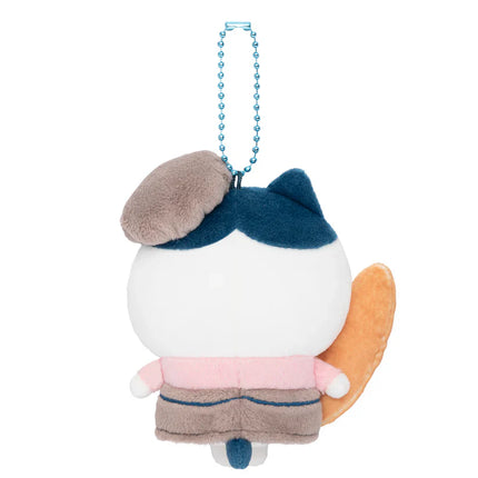 Blue bakery staff mascot plush from back with blue beaded necklace and orange side tail
