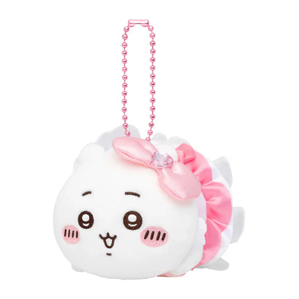 White plush mini mascot keychain with pink ribbon bow and long pink beaded strap.