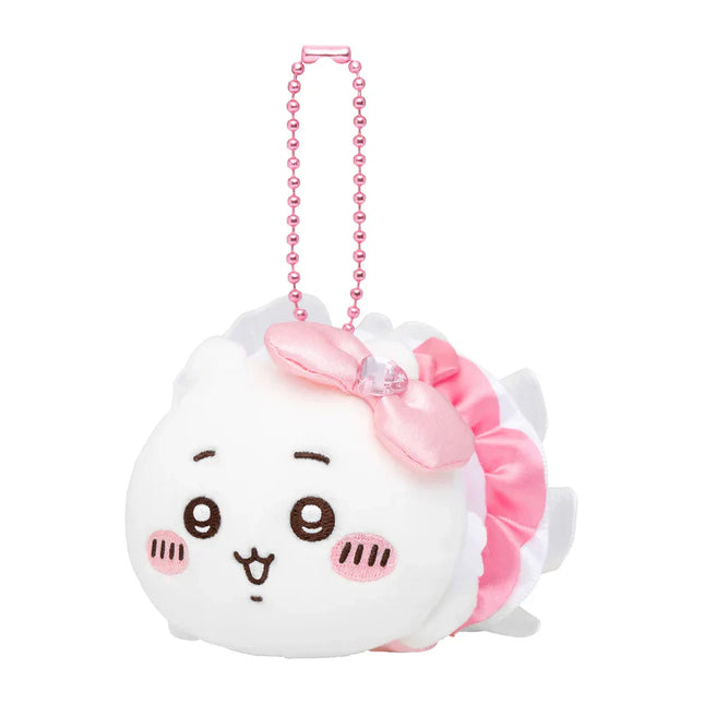 White plush mini mascot keychain with pink ribbon bow and long pink beaded strap.