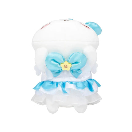 Front view plush mini mascot with large blue bow and layered ruffle outfit.