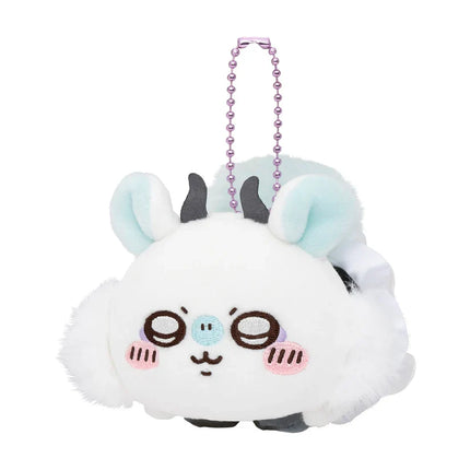 Plush mascot keychain with white face, blue cheeks, and purple bead strap