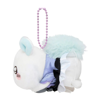Plush mascot keychain with white face, light blue ears, and purple bead strap
