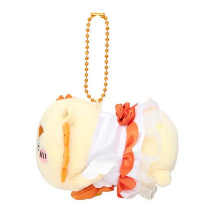 Plush mascot keychain with cream face, orange accents and layered white ruffle, orange bead strap