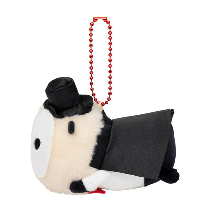 Plush panda mascot keychain with black-and-white body, red bead strap, and black top hat