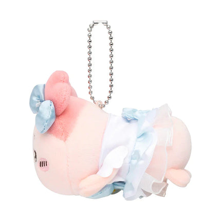 Plush mascot keychain, side view, pink plush with light blue bow and tulle skirt.