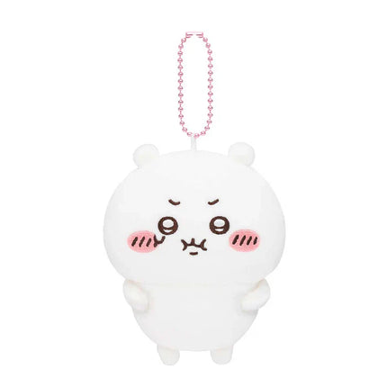 White plush mascot holder with pink beaded chain and cute smiling face