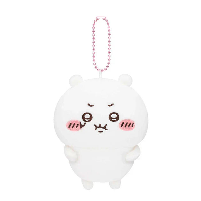 White plush mascot holder with pink beaded chain and cute smiling face