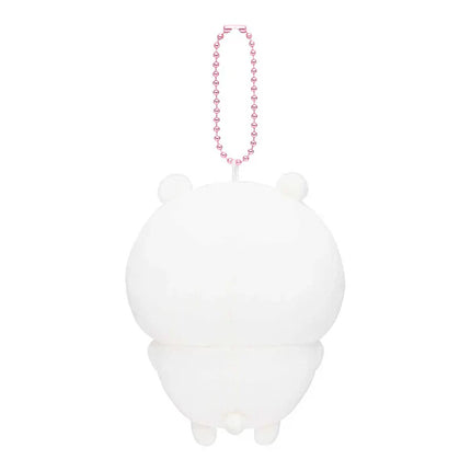 White plush mascot holder with pink beaded chain, back view