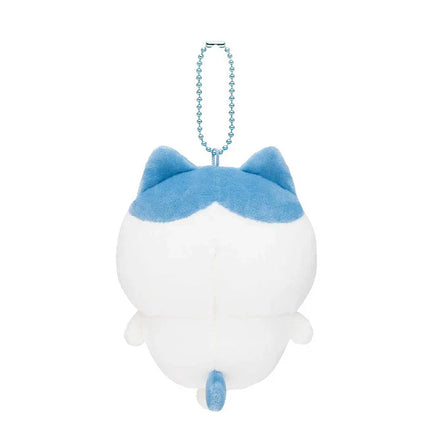White plush mascot holder with blue ears and blue beaded chain, back view