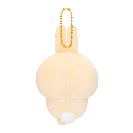 Beige plush bunny mascot holder with gold beaded chain, back view