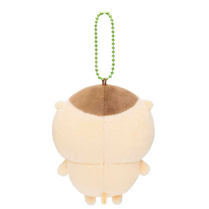 Cream plush mascot holder with brown top, small feet, green bead chain