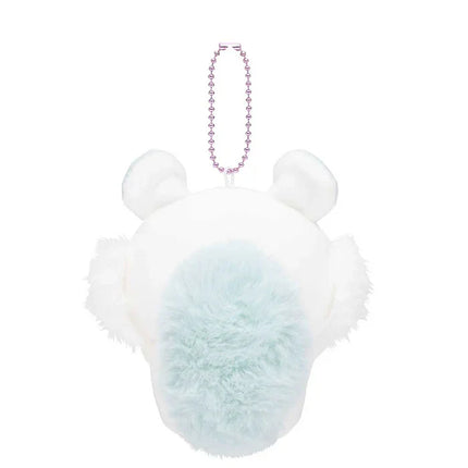 White and light-blue plush mascot holder with bunny ears, purple bead chain