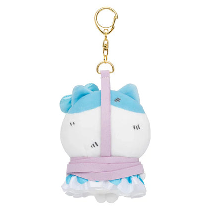 Back view plush cat keychain with light blue ears, pink strap, and gold chain ring