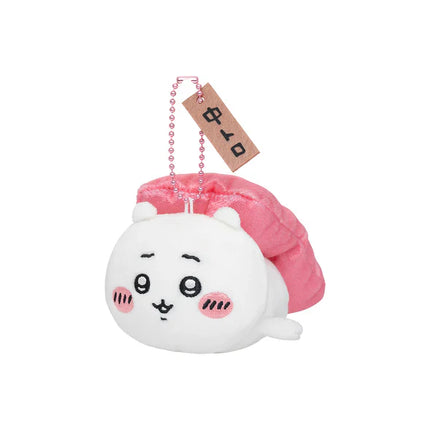 Sushi mascot plush keychain with white face and pink seaweed wrap, dangling beads