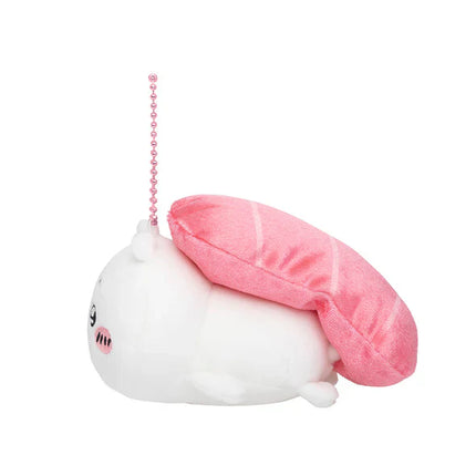 Sushi mascot plush keychain showing side view with pink topping and beaded string