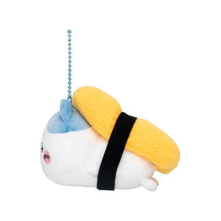 Sushi mascot plush keychain side view with blue and yellow topping and beaded string