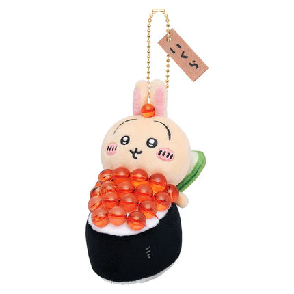Sushi mascot plush keychain with white face, orange roe topping, and black seaweed wrap