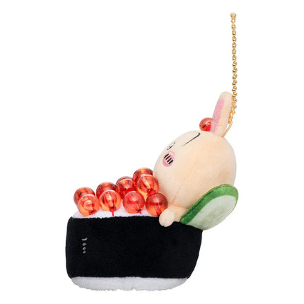 Sushi mascot plush keychain side view with orange roe topping and green side garnish