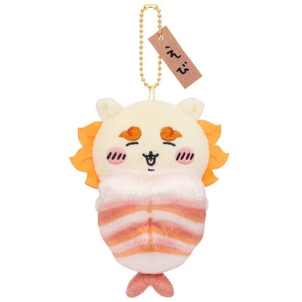 Sushi plush mascot keychain with orange-and-white face, pearl chain, and brown tag