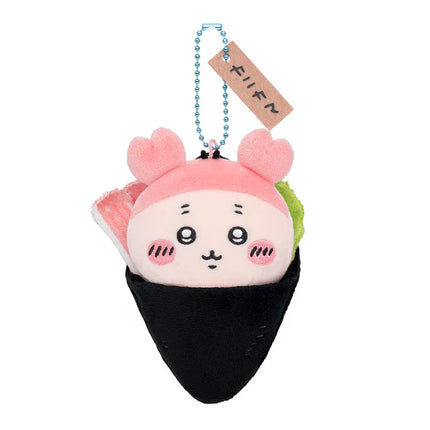Sushi plush mascot keychain with pink bow ears, black base, blue chain and tag