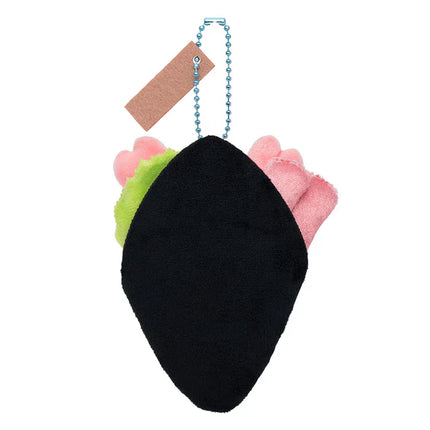 Sushi plush mascot keychain, black cone back with pink and green side accents, blue chain