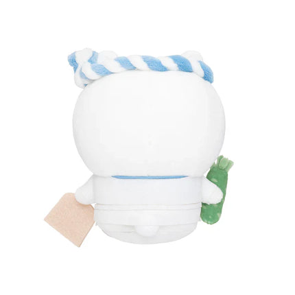 Back view of white sushi trainee plush with blue braided hat and green sleeve