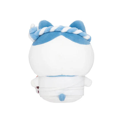 Back view sushi trainee plush in white with blue braided hat and blue sash
