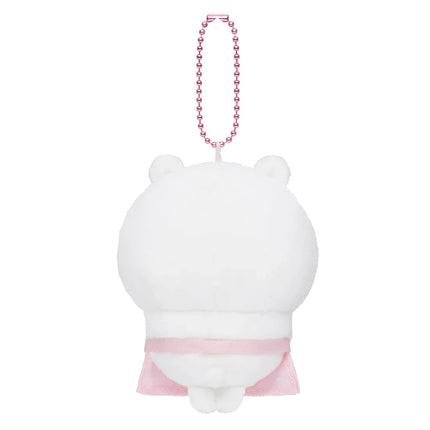 Back view of plush mascot holder with pink beaded chain, white chef outfit and pink apron