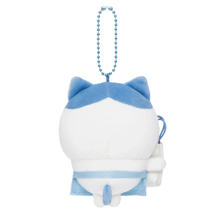 Back view plush mascot holder with blue beaded chain, white and light blue hooded outfit