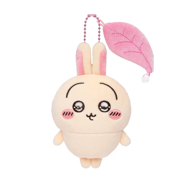 Plush bunny mascot with pink ear cap and long bead necklace, front view
