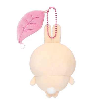 Plush bunny mascot backside with pink ear cap and dangling bead necklace