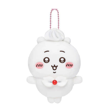 White plush birthday mascot keychain with pink beaded necklace, cloud-like body and face