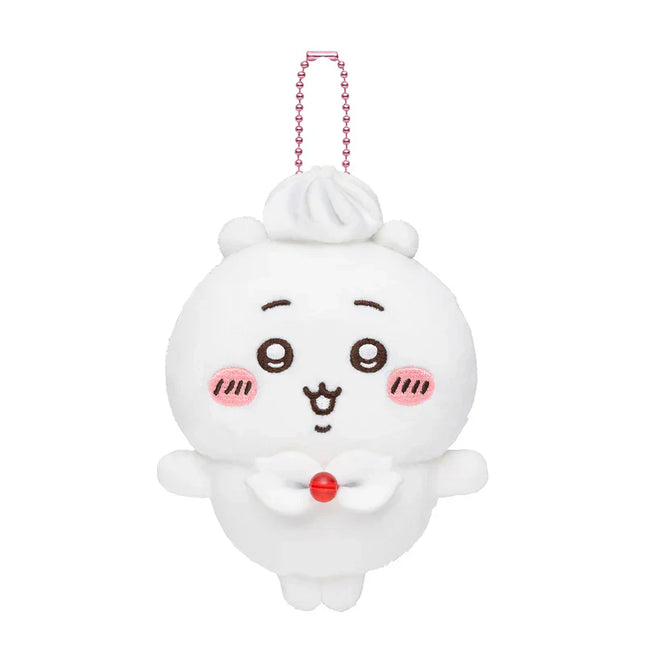 White plush birthday mascot keychain with pink beaded necklace, cloud-like body and face